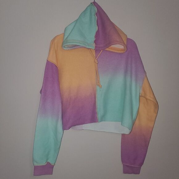 WILD FABLE COLOR BLOCK PASTEL SHERBERT CROPPED SWEATSHIRT HOODIE SIZE LARGE - Picture 1 of 4